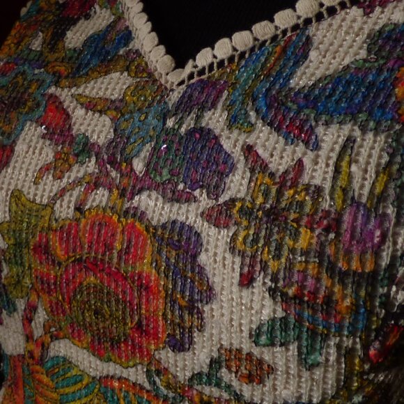 QUIRKY GOTH BOHO COWGIRL CROPPED CAMI MULTI PEACOCK SEQUINS LINED LACE ZIP M L - Picture 5 of 11